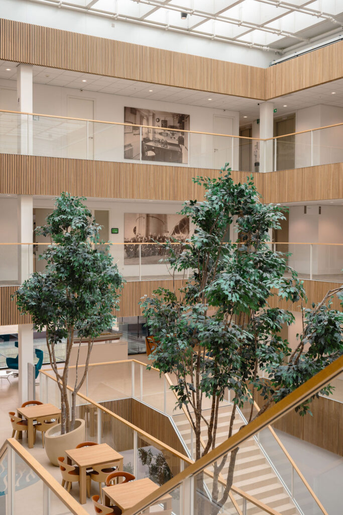 The CSMART building atrium with indoor trees and an open staircase